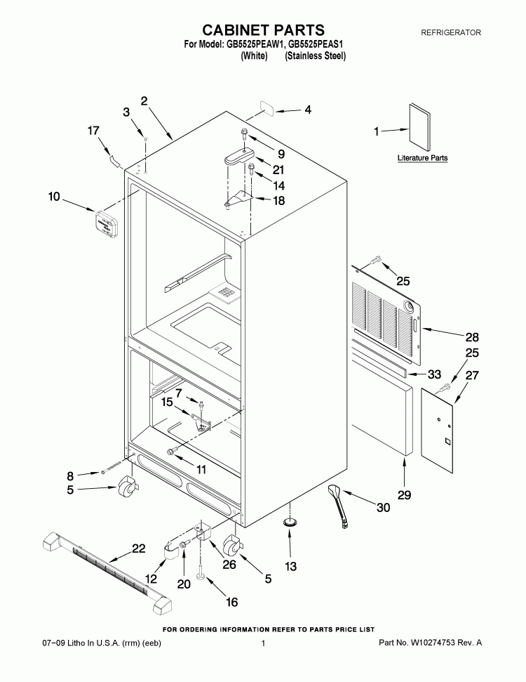 CABINET PARTS Diagram and Parts List for GB5525PEAW1  Whirlpool Refrigerator