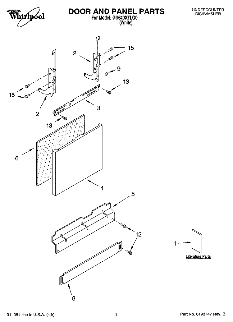 DOOR AND PANEL PARTS Diagram and Parts List for GU640XTLQ0  Whirlpool Dishwasher