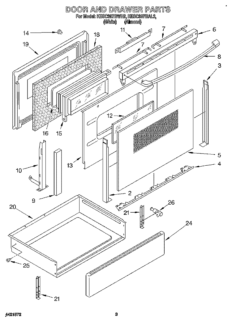 DOOR AND DRAWER Diagram and Parts List for KESC307BAL2  KitchenAid Range
