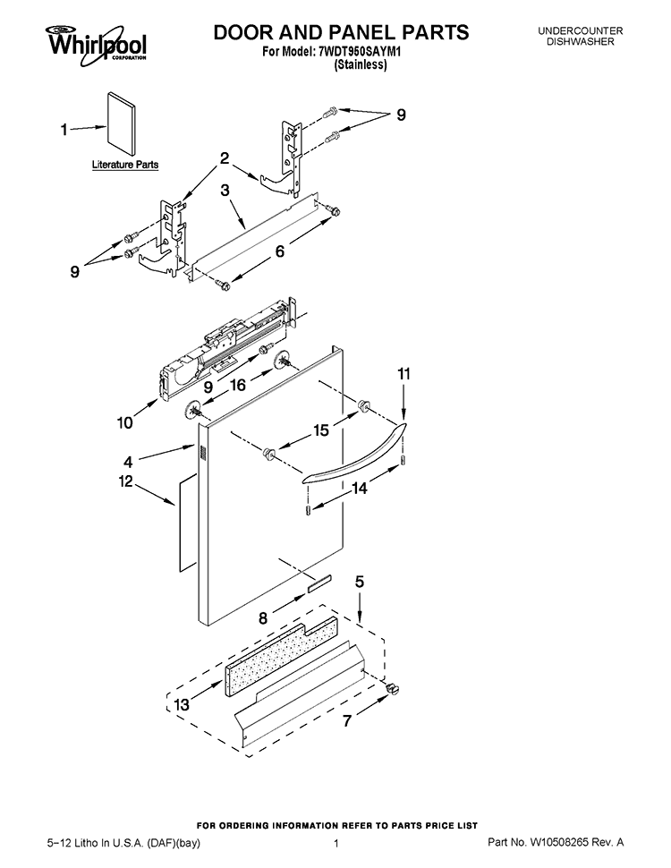 DOOR AND PANEL PARTS Diagram and Parts List for 7WDT950SAYM1  Whirlpool Dishwasher
