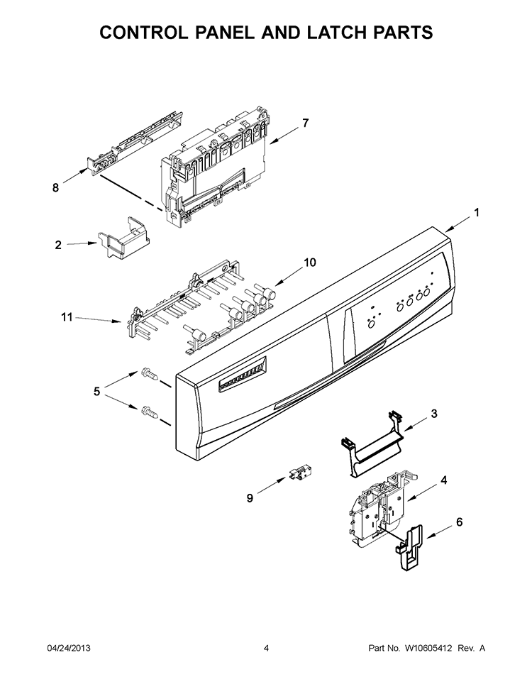 CONTROL PANEL AND LATCH PARTS Diagram and Parts List for WDF310PAAT3  Whirlpool Dishwasher