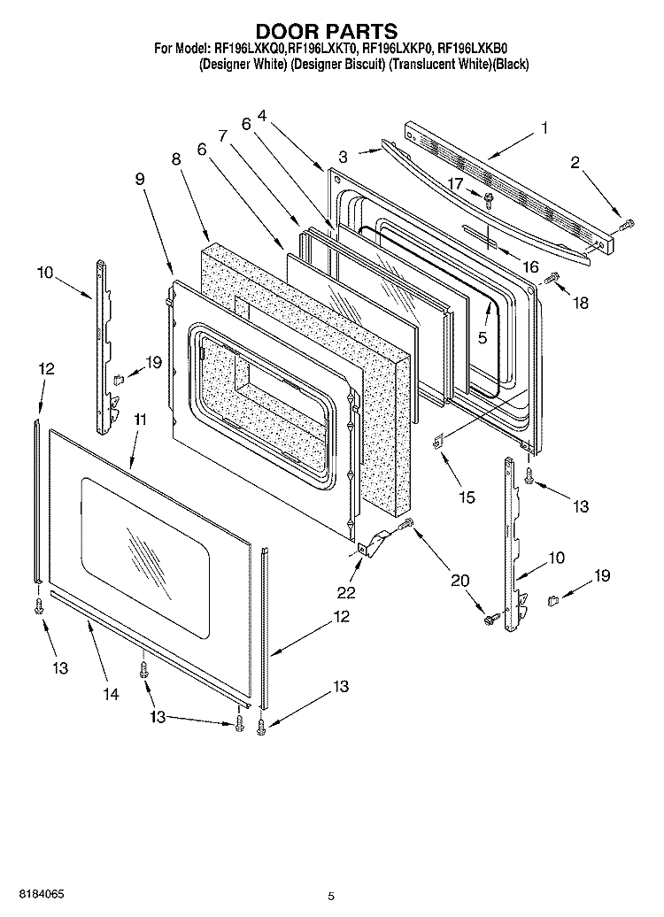 DOOR Diagram and Parts List for RF196LXKT0  Whirlpool Range