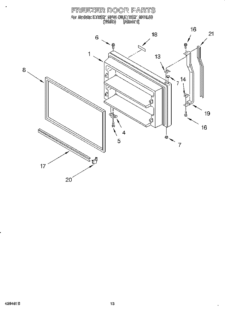 FREEZER DOOR, LIT/OPTIONAL Diagram and Parts List for KTRS21MFAL00  KitchenAid Refrigerator