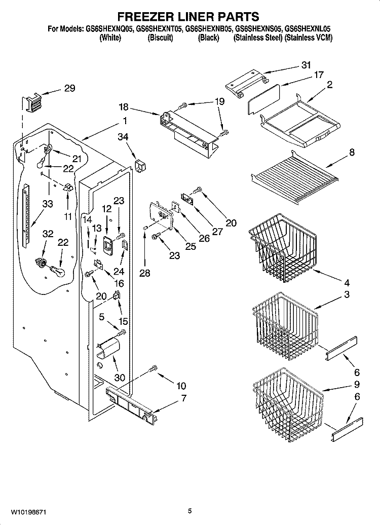 FREEZER LINER PARTS Diagram and Parts List for GS6SHEXNB05  Whirlpool Refrigerator