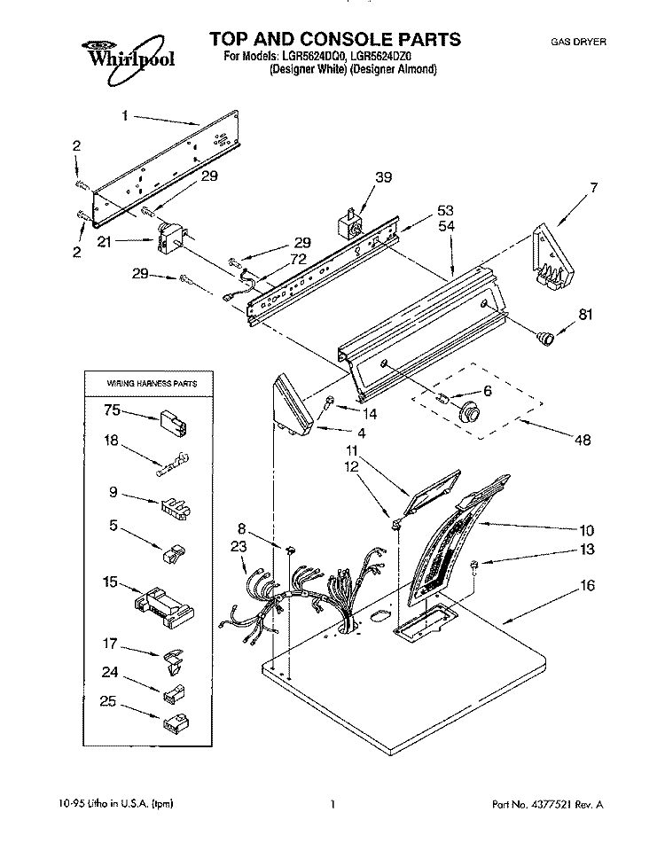 TOP AND CONSOLE, LIT/OPTIONAL Diagram and Parts List for LGR5624DZ0  Whirlpool Dryer