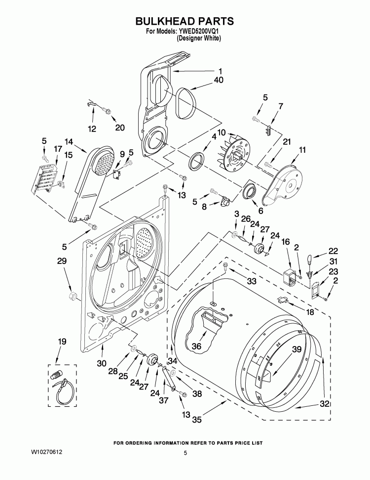 BULKHEAD PARTS Diagram and Parts List for YWED5200VQ1  Whirlpool Dryer