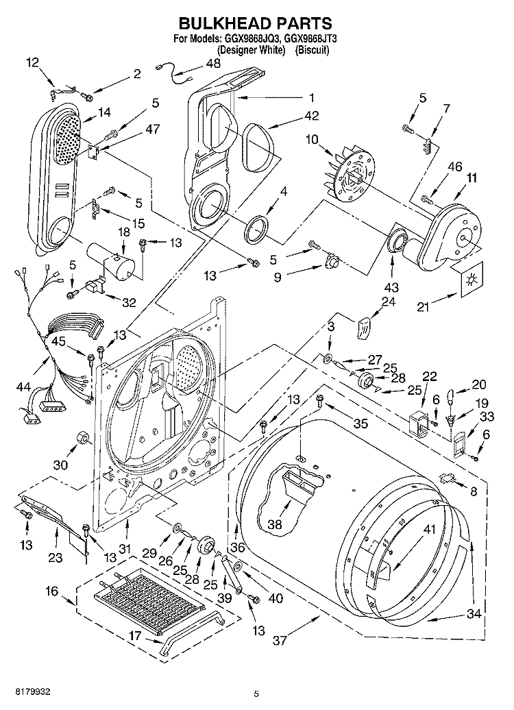 BULKHEAD Diagram and Parts List for GGX9868JQ3  Whirlpool Dryer