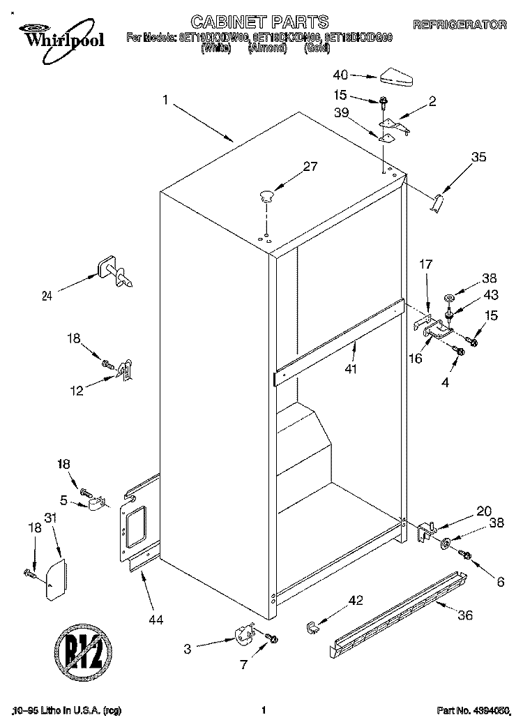 CABINET Diagram and Parts List for 8ET19DKXDN00  Whirlpool Refrigerator