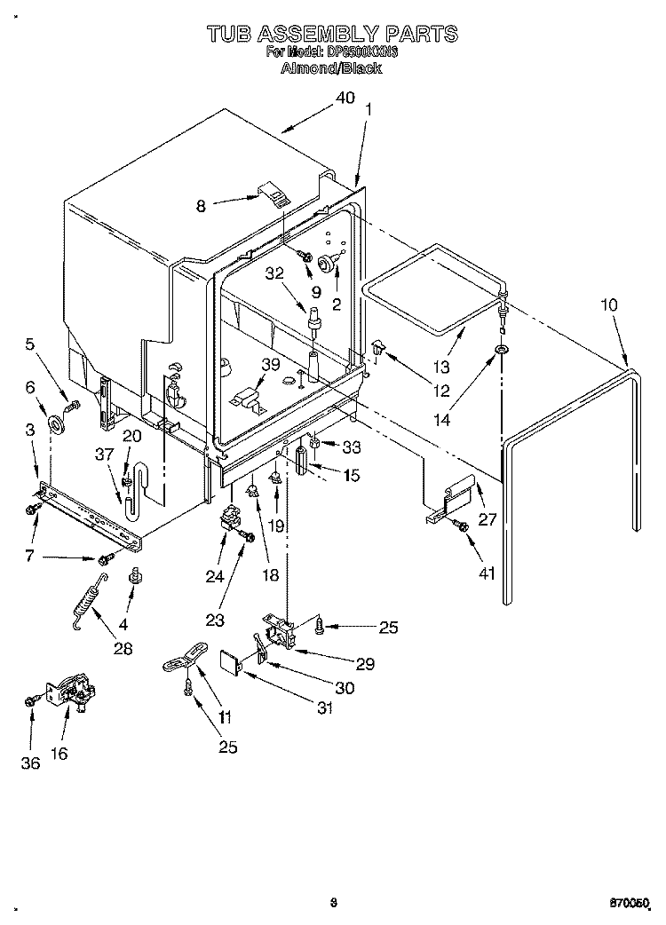 TUB ASSEMBLY Diagram and Parts List for DP8500XXN3  Whirlpool Dishwasher