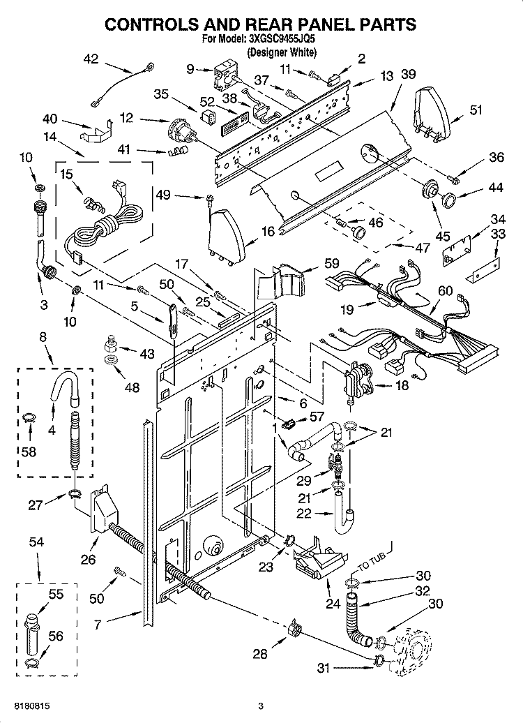 CONTROLS AND REAR PANEL PARTS Diagram and Parts List for 3XGSC9455JQ5  Whirlpool Washer