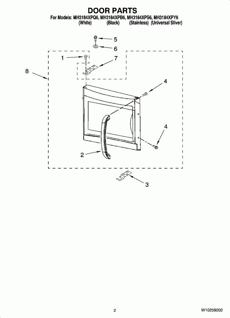 DOOR PARTS Diagram and Parts List for MH3184XPB6  Whirlpool Microwave