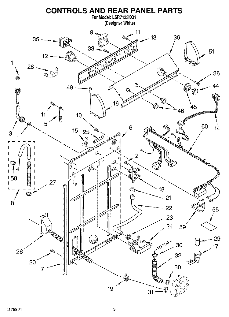 CONTROLS AND REAR PANEL PARTS Diagram and Parts List for LSR7133KQ1  Whirlpool Washer