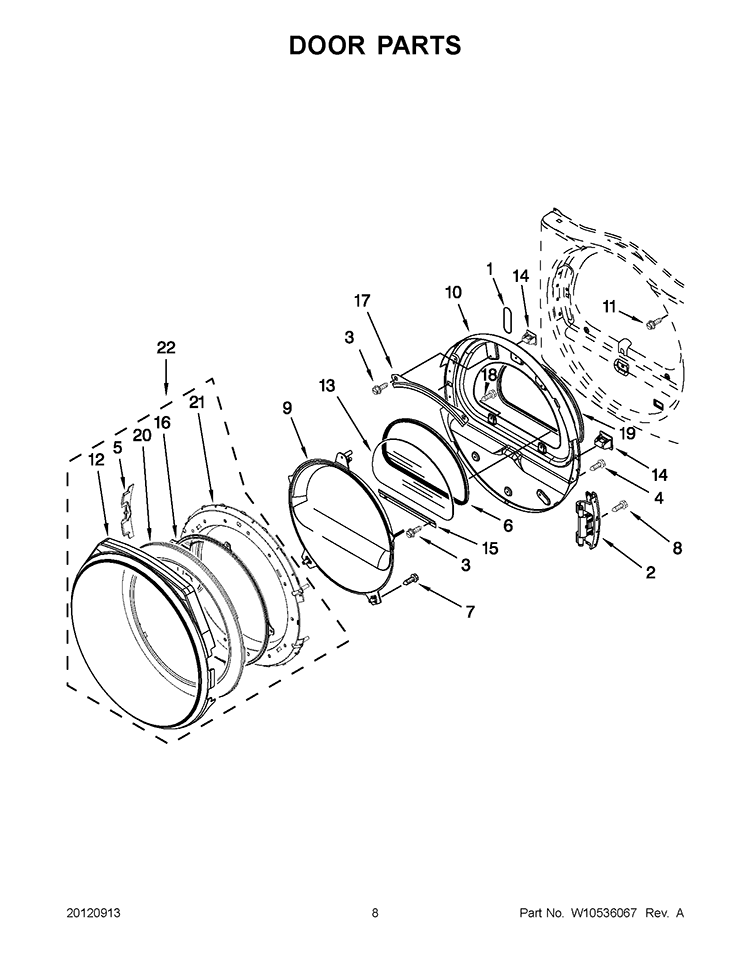 DOOR PARTS Diagram and Parts List for 7MWGD9150XW2  Whirlpool Dryer