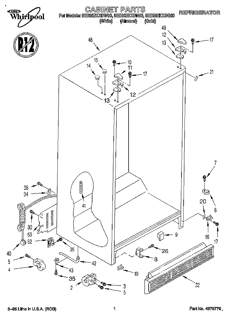 CABINET Diagram and Parts List for 8ED20ZKXDN00  Whirlpool Refrigerator