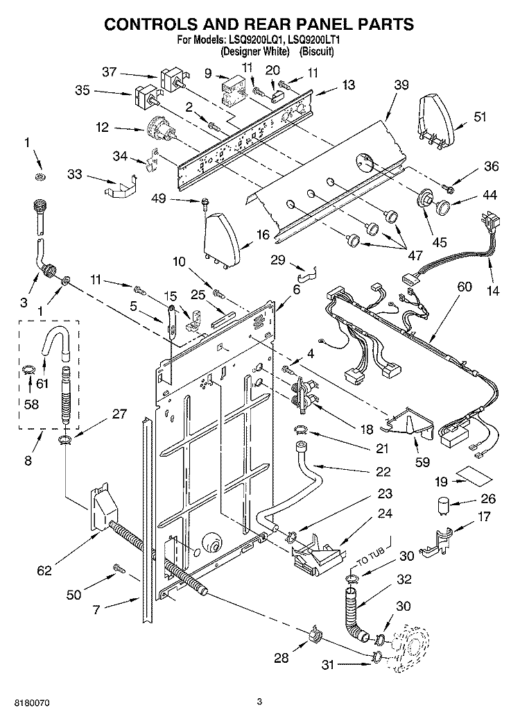CONTROLS AND REAR PANEL PARTS Diagram and Parts List for LSQ9200LT1  Whirlpool Washer