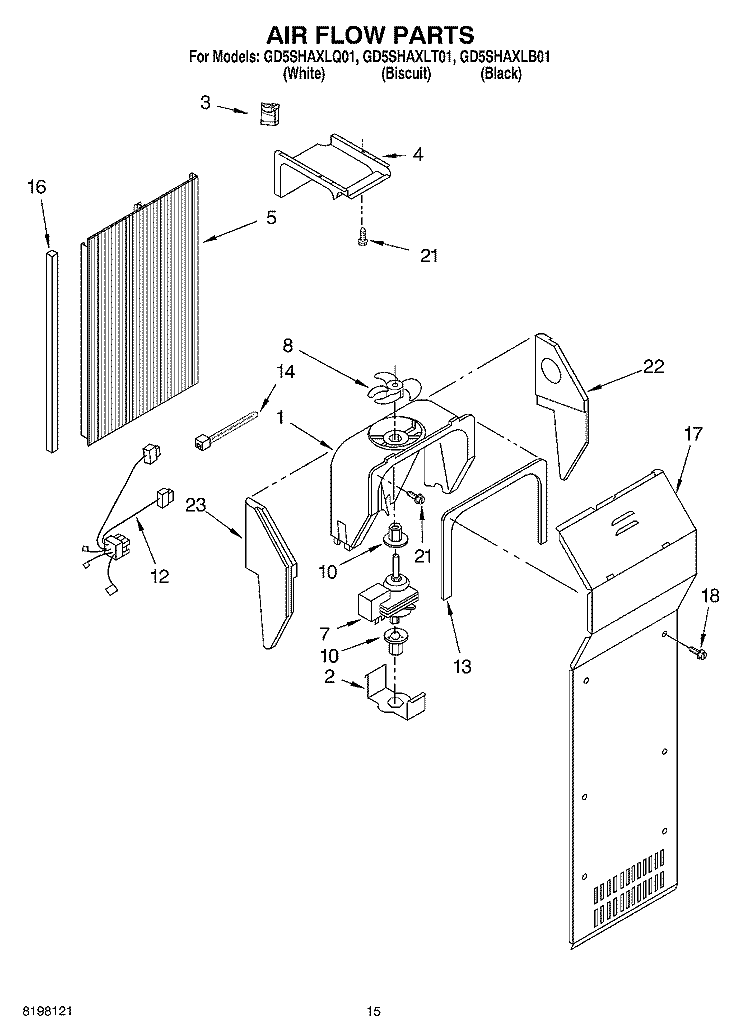AIR FLOW Diagram and Parts List for GC5SHAXLQ01  Whirlpool Refrigerator