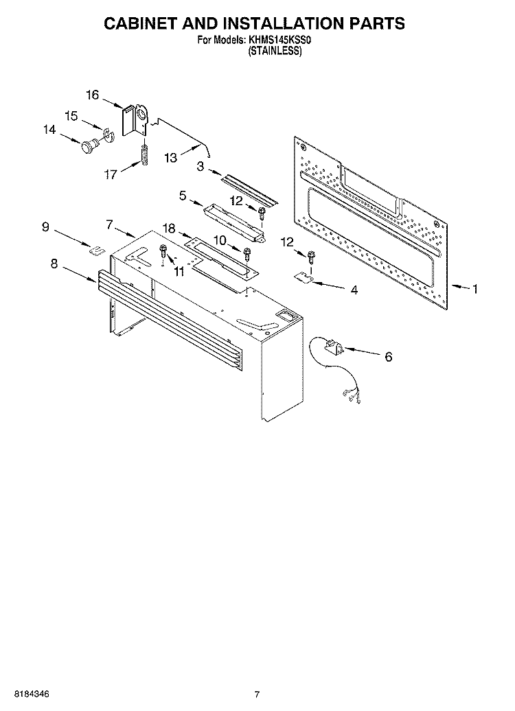 CABINET AND INSTALLATION Diagram and Parts List for KHMS145KSS0  KitchenAid Microwave