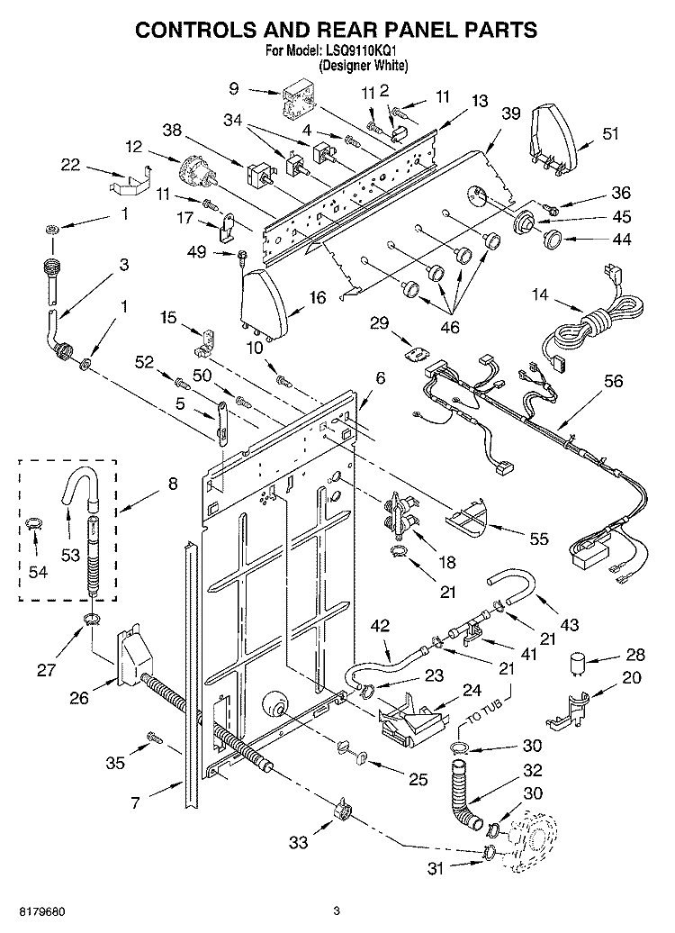CONTROLS AND REAR PANEL Diagram and Parts List for LSQ9110KQ1  Whirlpool Washer