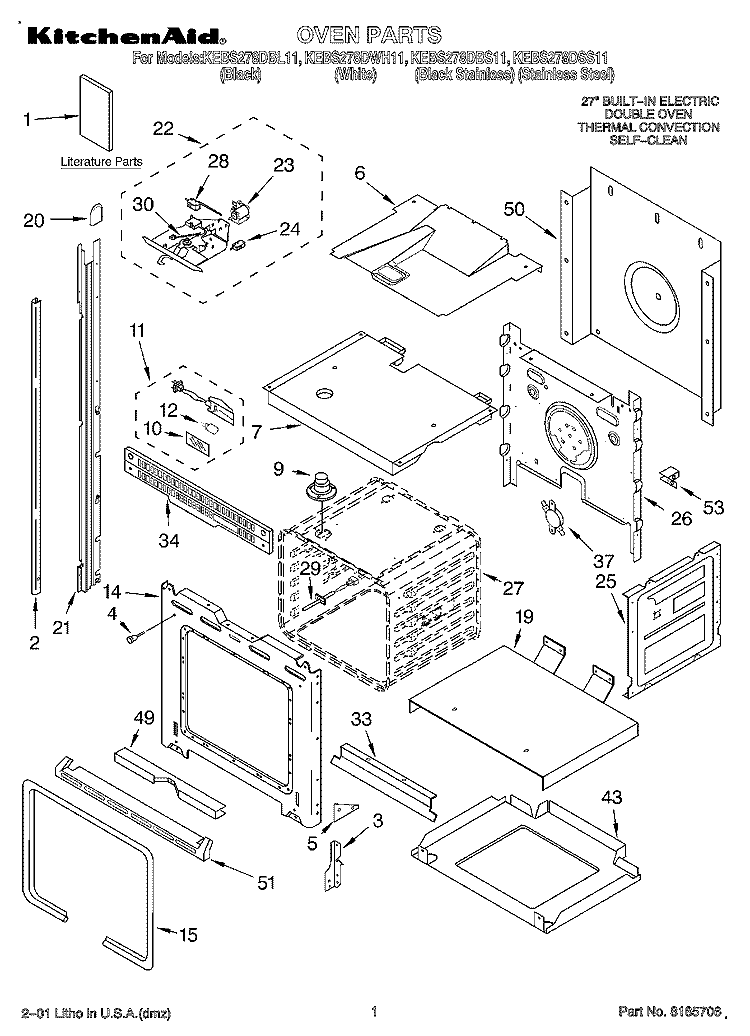 OVEN, LITERATURE Diagram and Parts List for KEBS278DSS11  KitchenAid Wall Oven