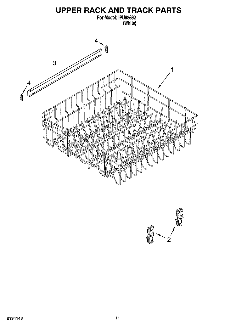 UPPER RACK AND TRACK PARTS Diagram and Parts List for IPU98662  Inglis Dishwasher