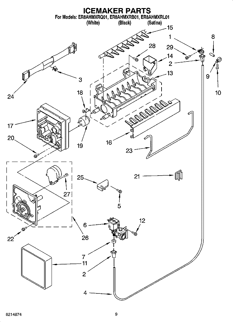 ICEMAKER PARTS Diagram and Parts List for ER8AHMXRB01  Whirlpool Refrigerator