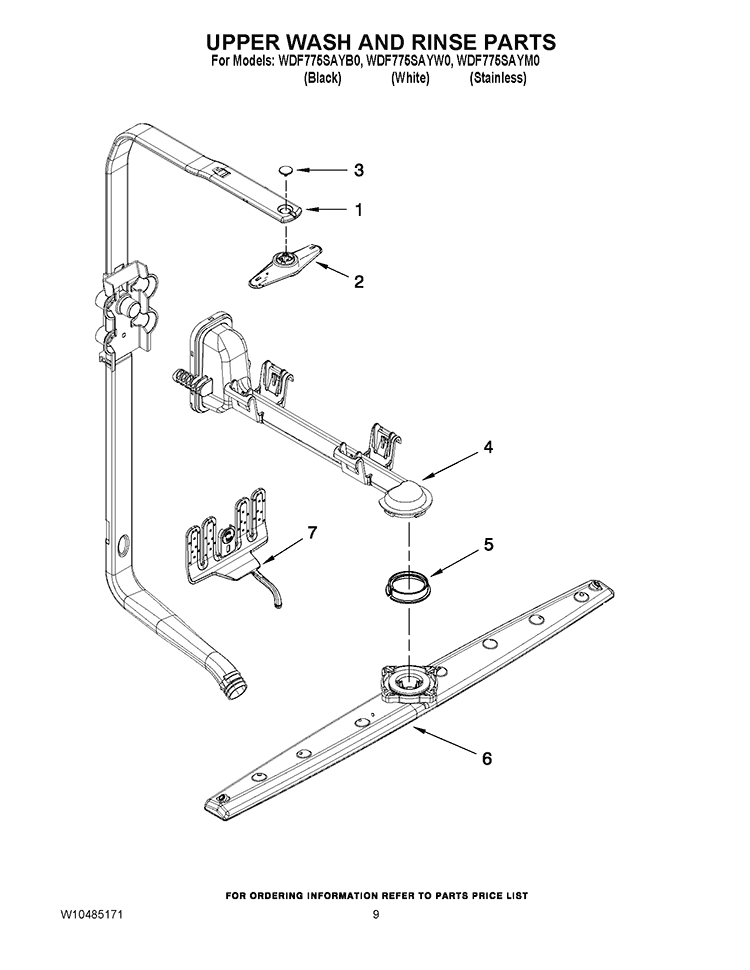 UPPER WASH AND RINSE PARTS Diagram and Parts List for WDF775SAYW0  Whirlpool Dishwasher