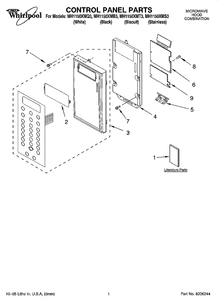 CONTROL PANEL PARTS Diagram and Parts List for MH1150XMT3  Whirlpool Microwave