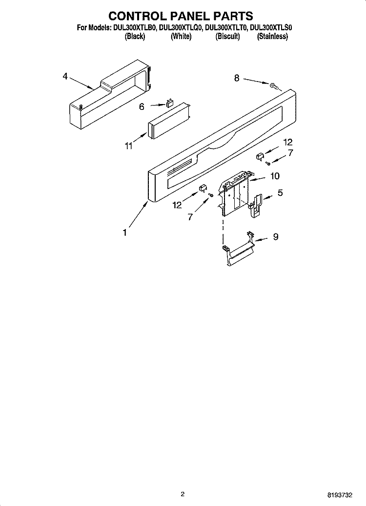 CONTROL PANEL PARTS Diagram and Parts List for DUL300XTLB0  Whirlpool Dishwasher