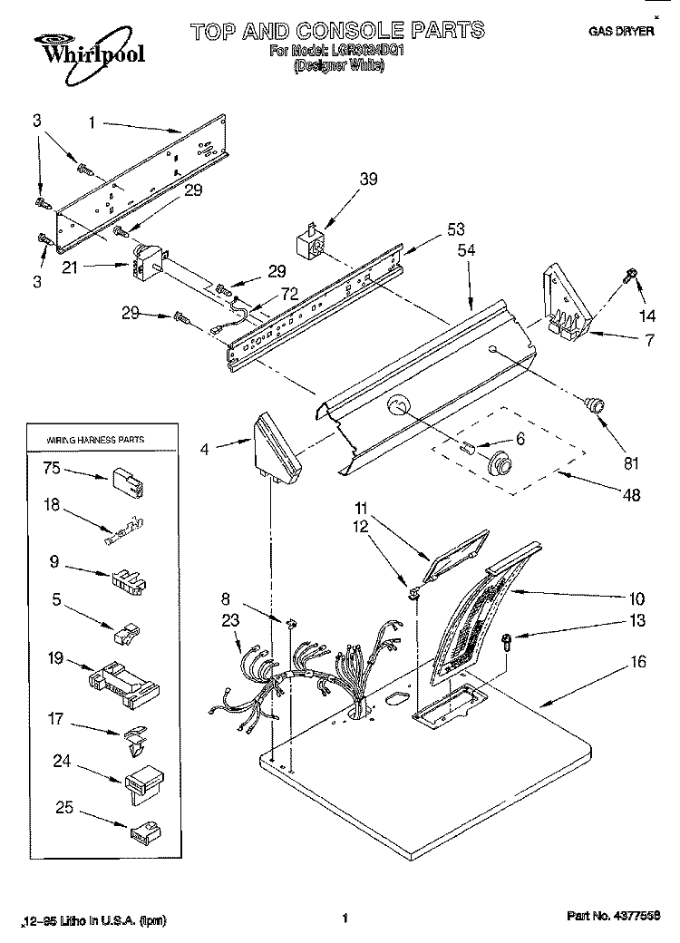 TOP AND CONSOLE, LIT/OPTIONAL Diagram and Parts List for LGR3624DQ1  Whirlpool Dryer