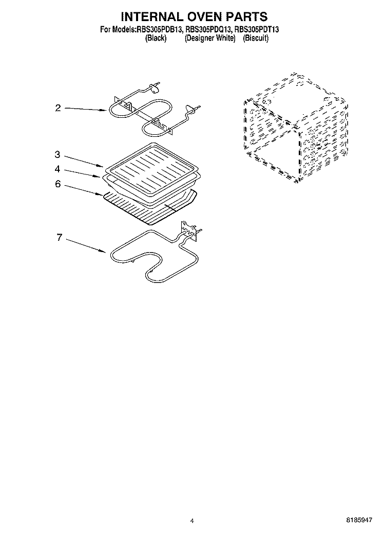INTERNAL OVEN Diagram and Parts List for RBS305PDB13  Whirlpool Wall Oven