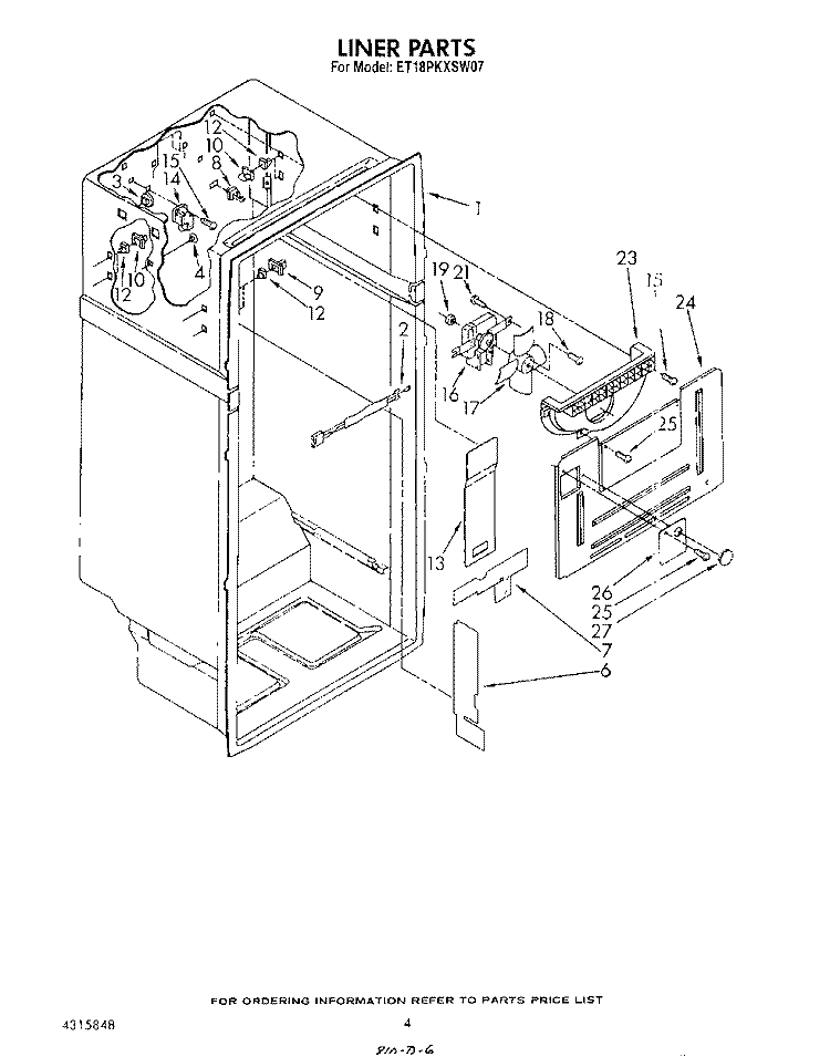 LINER Diagram and Parts List for ET18PKXSW07  Whirlpool Refrigerator