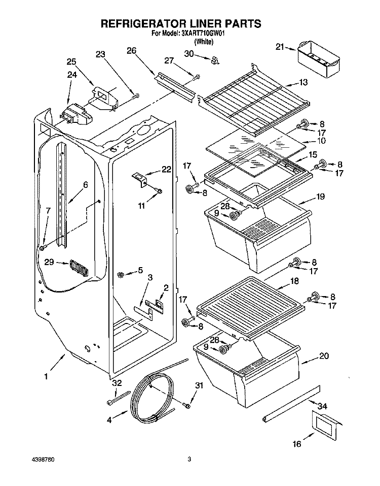REFRIGERATOR LINER Diagram and Parts List for 3XART710GW01  Whirlpool Refrigerator