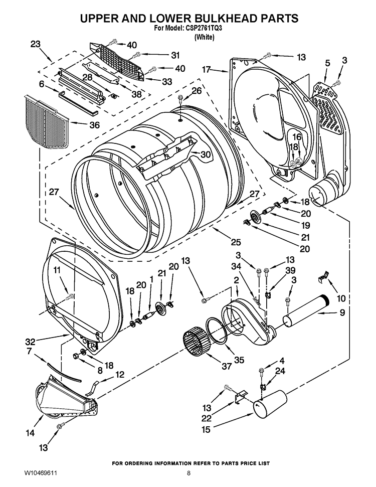 UPPER AND LOWER BULKHEAD PARTS Diagram and Parts List for CSP2761TQ3  Whirlpool Dryer
