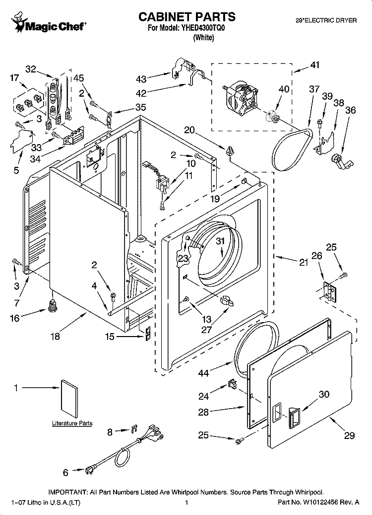 CABINET PARTS Diagram and Parts List for YHED4300TQ0  Magic Chef Dryer