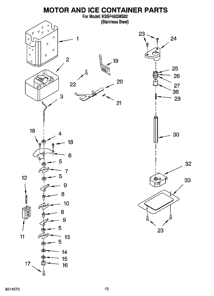 MOTOR AND ICE CONTAINER PARTS Diagram and Parts List for KSSP48QMS02  KitchenAid Refrigerator