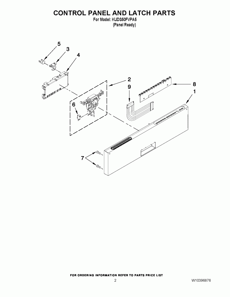 CONTROL PANEL AND LATCH PARTS Diagram and Parts List for KUDS50FVPA5  KitchenAid Dishwasher