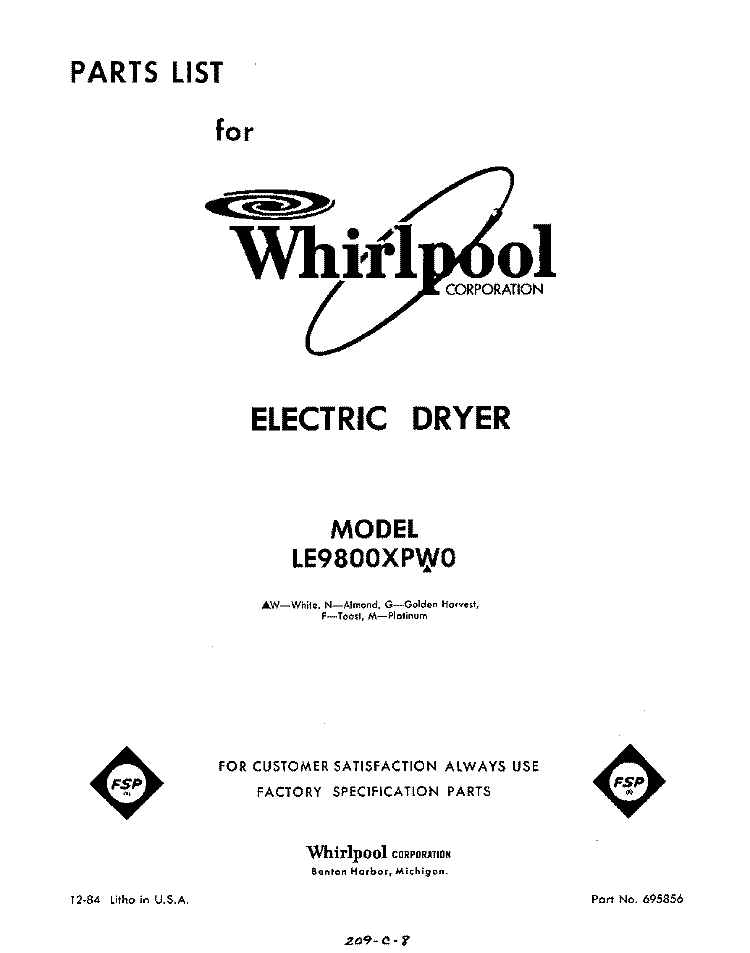 SECTION Diagram and Parts List for LE9800XPW0  Whirlpool Dryer