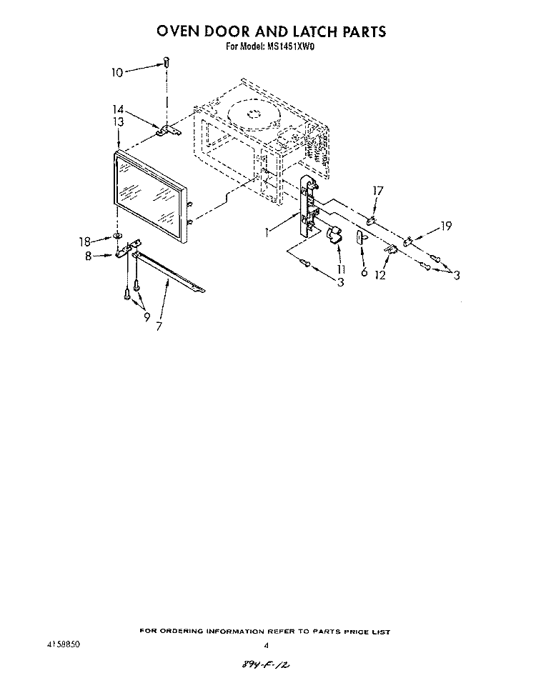 OVEN DOOR AND LATCH Diagram and Parts List for MS1451XW0  Whirlpool Wall Oven