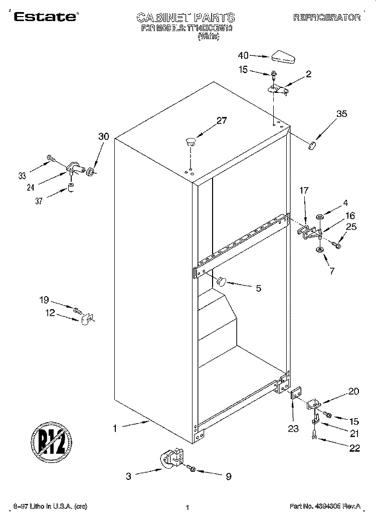 CABINET Diagram and Parts List for TT14DKXEW10  Estate Refrigerator