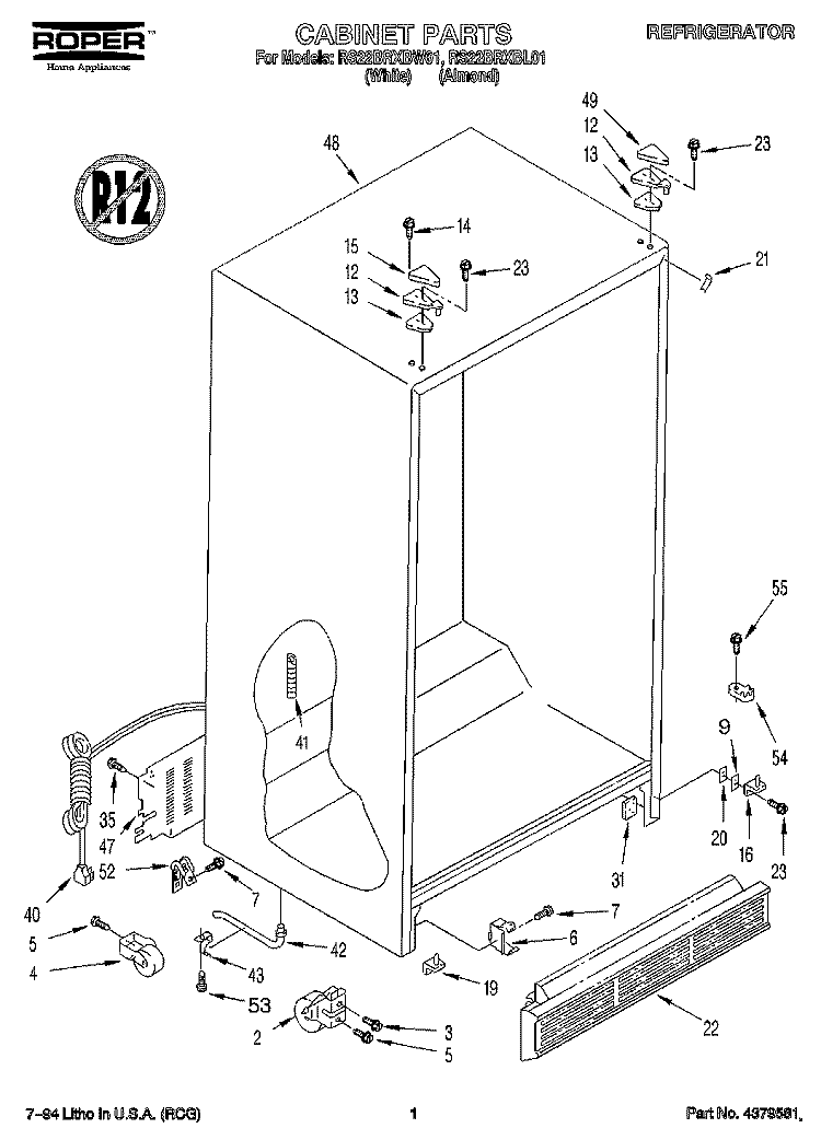 CABINET Diagram and Parts List for RS22BRXBL01  Roper Refrigerator