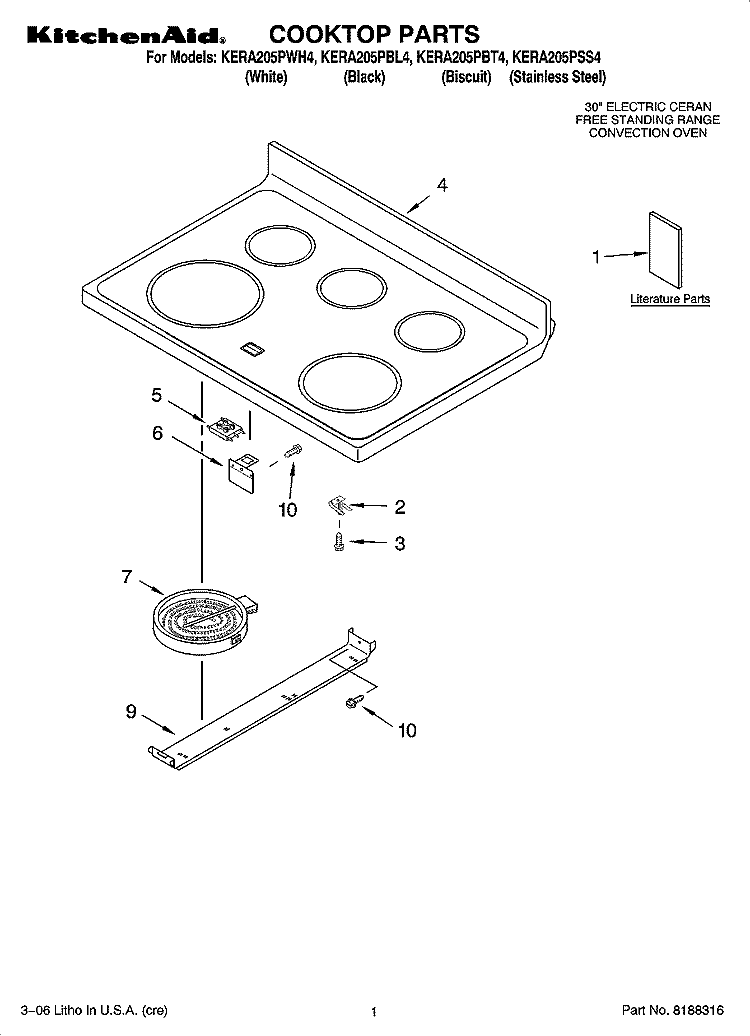 COOKTOP PARTS Diagram and Parts List for KERA205PBL4  KitchenAid Range