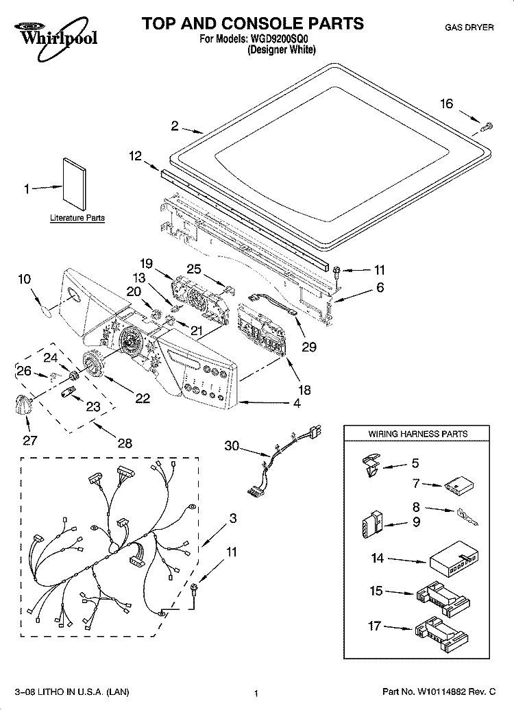 TOP AND CONSOLE PARTS Diagram and Parts List for WGD9200SQ0  Whirlpool Dryer