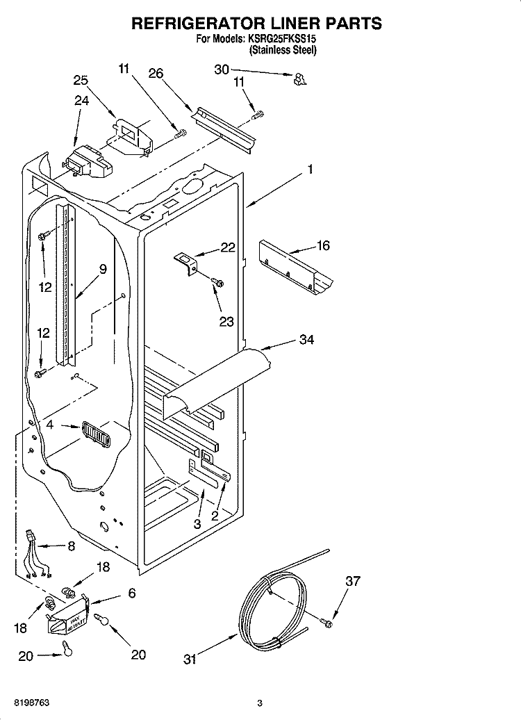REFRIGERATOR LINER PARTS Diagram and Parts List for KSRG25FKSS15  KitchenAid Refrigerator