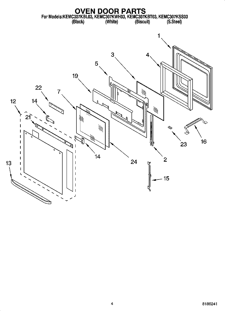 OVEN DOOR PARTS Diagram and Parts List for KEMC307KBL03  KitchenAid Microwave Oven Combo