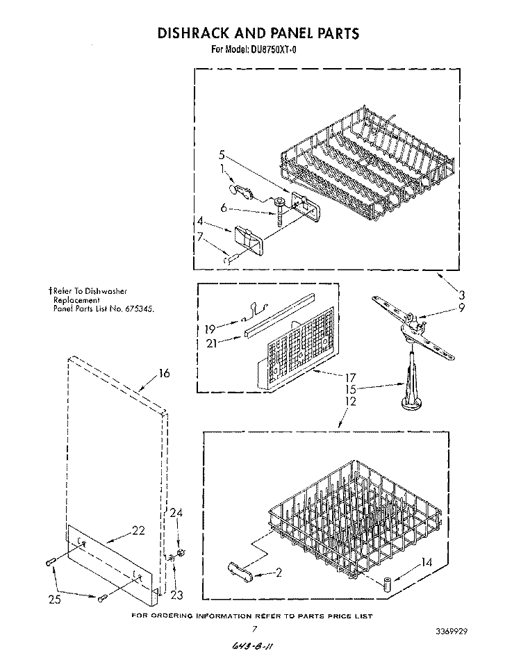 DISHRACK AND PANEL Diagram and Parts List for DU8750XT0  Whirlpool Dishwasher
