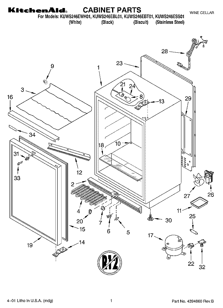SECTION Diagram and Parts List for KUWS246EBL01  KitchenAid Wine and Beverage Cooler