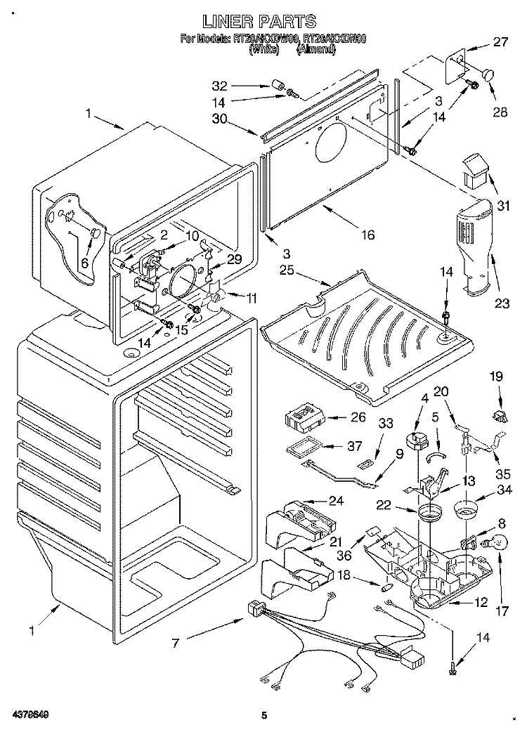 LINER Diagram and Parts List for RT20AKXDN00  Roper Refrigerator
