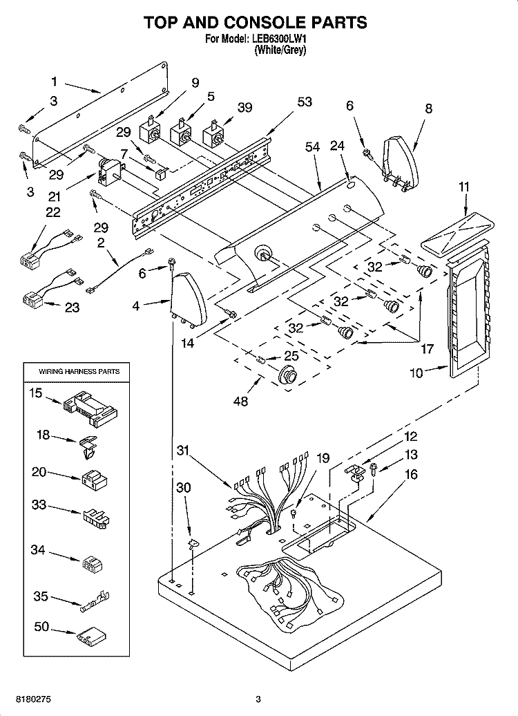 TOP AND CONSOLE PARTS Diagram and Parts List for LEB6300LW1  Whirlpool Dryer