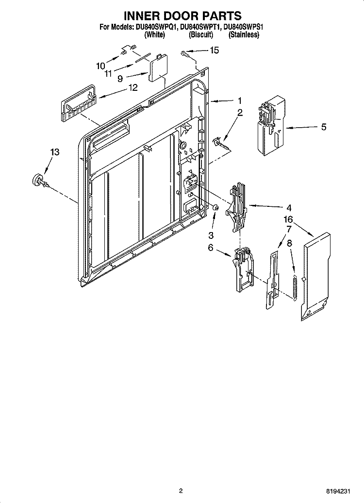 INNER DOOR PARTS Diagram and Parts List for DU840SWPT1  Whirlpool Dishwasher