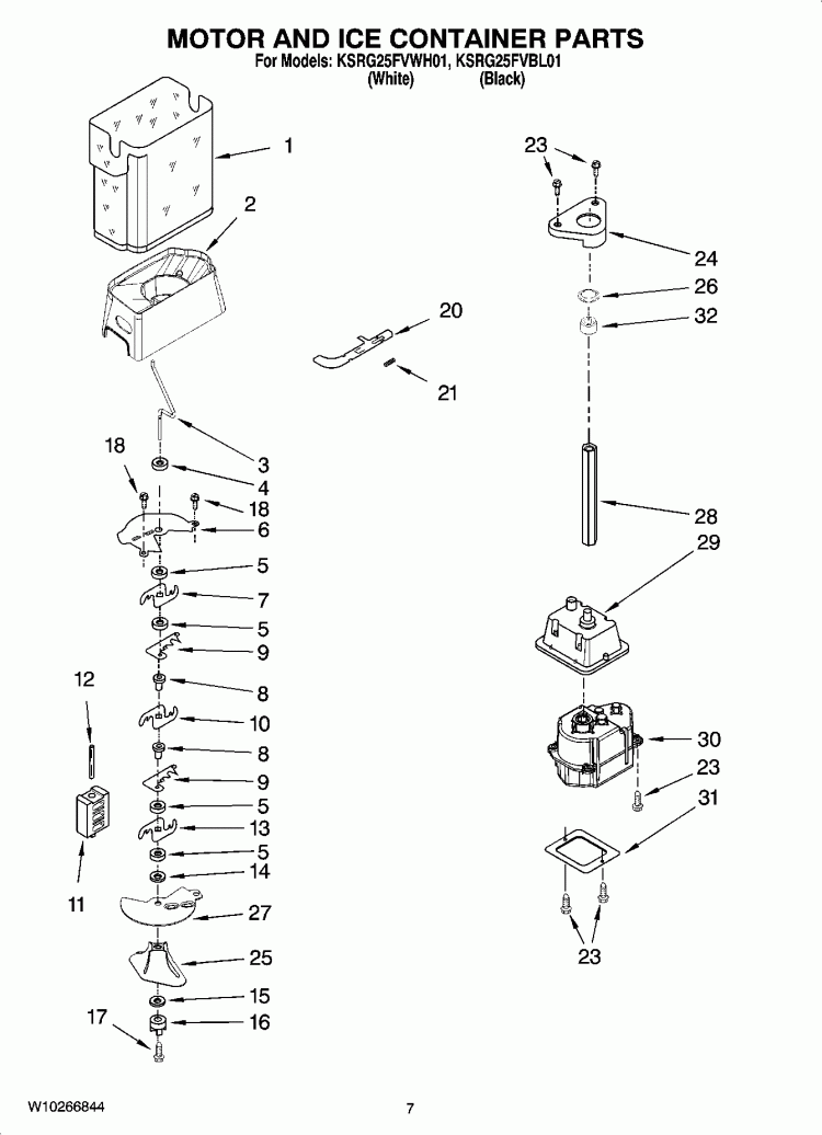 MOTOR AND ICE CONTAINER PARTS Diagram and Parts List for KSRG25FVWH01  KitchenAid Refrigerator